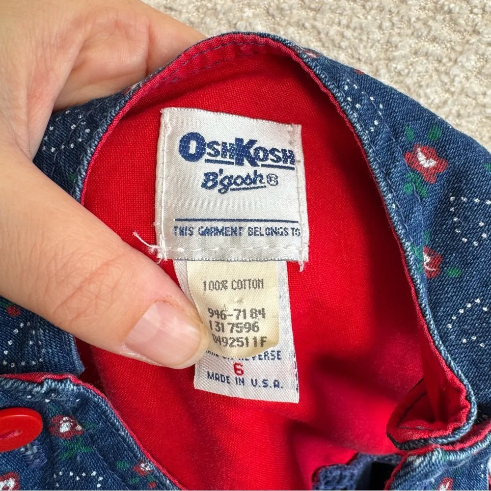 Vintage Osh Kosh B’Gosh‎ Denim Jumper Dress Red White Floral Heart Print Size 6